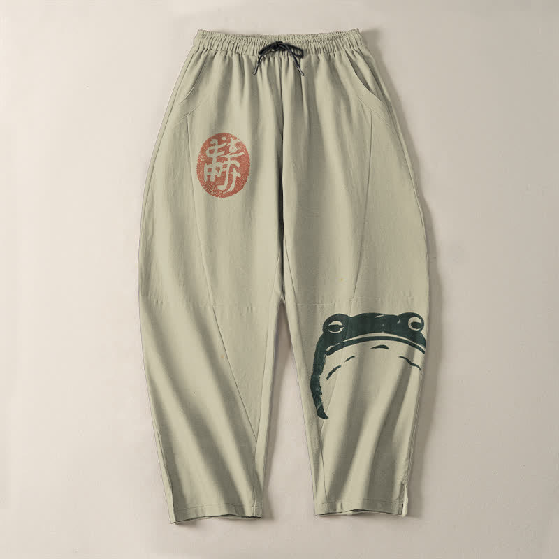 Buddha Stones Pantalones de hombre de algodón puro con estampado de foca y rana, con cordón ajustable y corte ajustado, bolsillos. - image 2