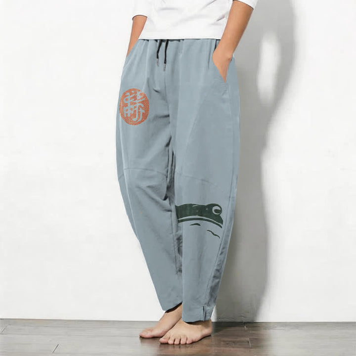 Buddha Stones Pantalones de hombre de algodón puro con estampado de foca y rana, con cordón ajustable y corte ajustado, bolsillos. - image 8