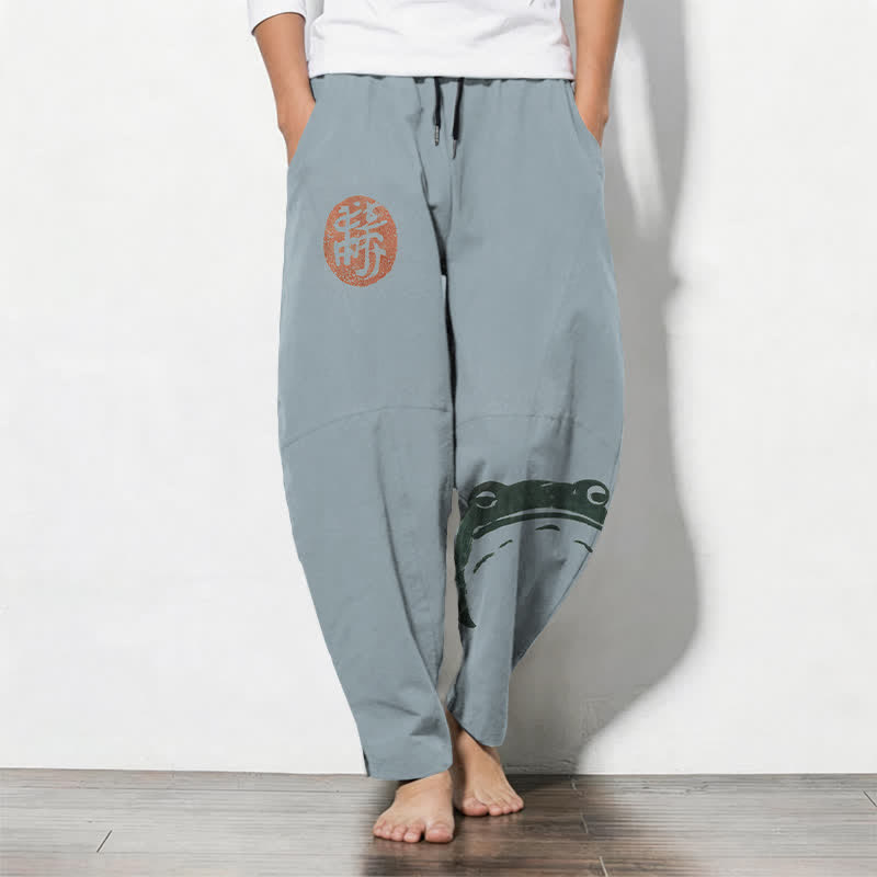 Buddha Stones Pantalones de hombre de algodón puro con estampado de foca y rana, con cordón ajustable y corte ajustado, bolsillos. - Azul acero claro - US/UK/AU50, EU60 (5XL) - image 7