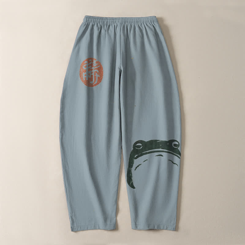 Buddha Stones Pantalones de hombre de algodón puro con estampado de foca y rana, con cordón ajustable y corte ajustado, bolsillos. - image 10