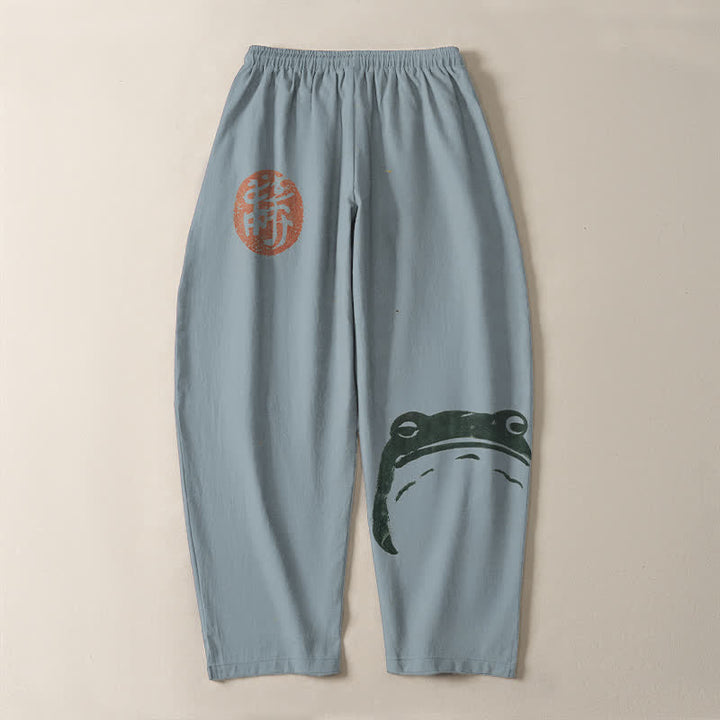 Buddha Stones Pantalones de hombre de algodón puro con estampado de foca y rana, con cordón ajustable y corte ajustado, bolsillos. - image 10