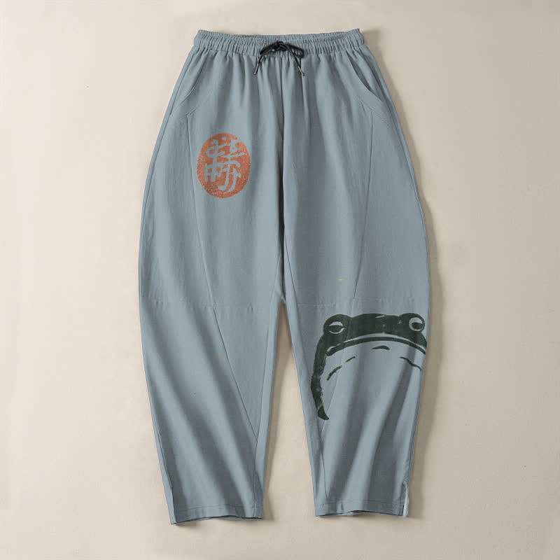 Buddha Stones Pantalones de hombre de algodón puro con estampado de foca y rana, con cordón ajustable y corte ajustado, bolsillos. - image 9