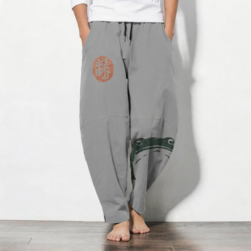 Buddha Stones Pantalones de hombre de algodón puro con estampado de foca y rana, con cordón ajustable y corte ajustado, bolsillos. - Gris claro - US/UK/AU50, EU60 (5XL) - image 11