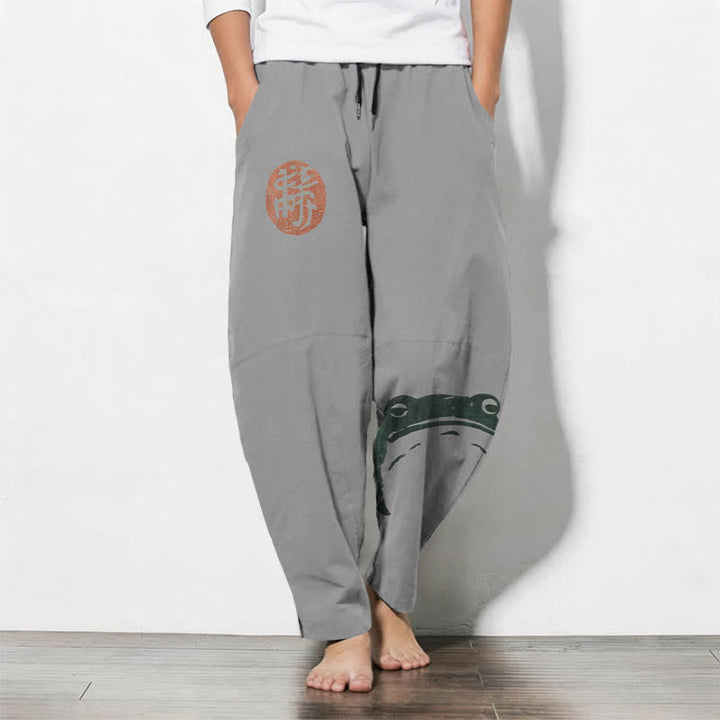 Buddha Stones Pantalones de hombre de algodón puro con estampado de foca y rana, con cordón ajustable y corte ajustado, bolsillos. - Gris claro - US/UK/AU50, EU60 (5XL) - image 11