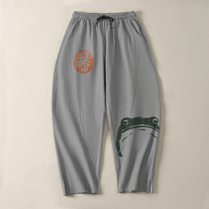 Buddha Stones Pantalones de hombre de algodón puro con estampado de foca y rana, con cordón ajustable y corte ajustado, bolsillos. - image 13