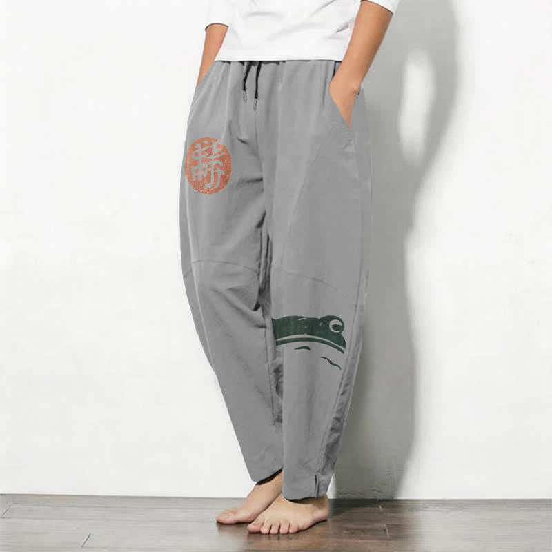 Buddha Stones Pantalones de hombre de algodón puro con estampado de foca y rana, con cordón ajustable y corte ajustado, bolsillos. - image 12