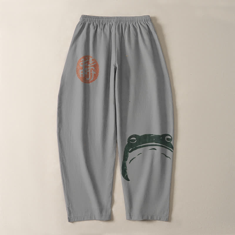 Buddha Stones Pantalones de hombre de algodón puro con estampado de foca y rana, con cordón ajustable y corte ajustado, bolsillos. - image 14