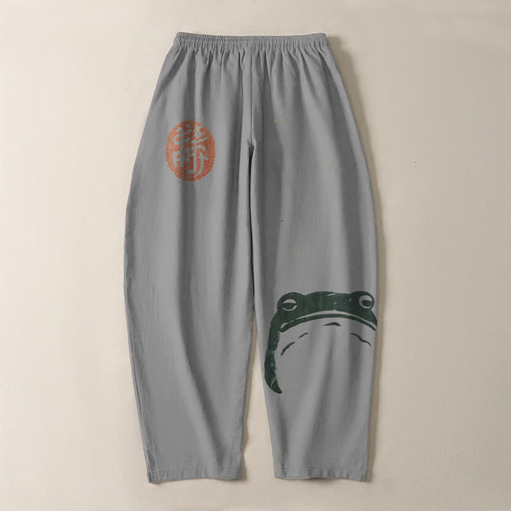 Buddha Stones Pantalones de hombre de algodón puro con estampado de foca y rana, con cordón ajustable y corte ajustado, bolsillos. - image 14