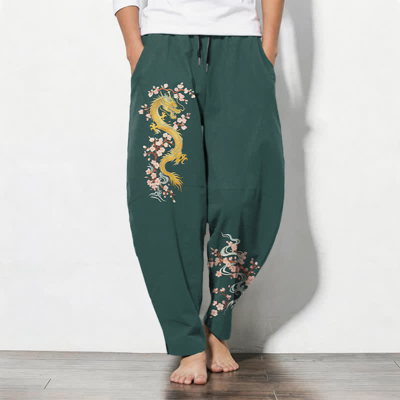 Buddha Stones Pantalones de hombre de algodón puro con estampado de flores de dragón doradas, cordón ajustable y corte cónico, con bolsillos. - Verdemar - US/UK/AU50, EU60 (5XL) - image 0