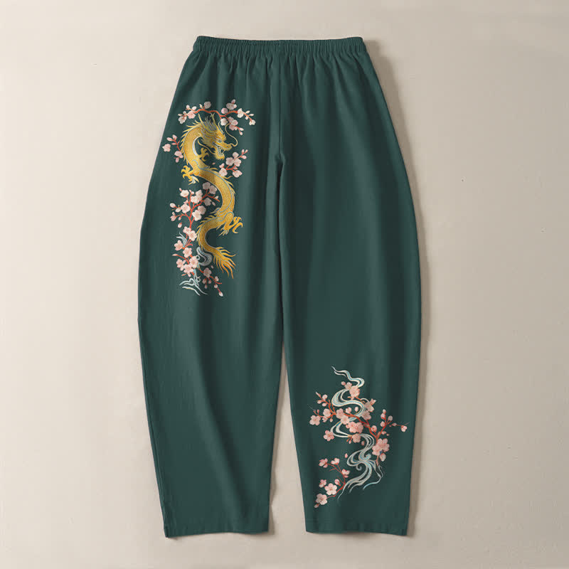 Buddha Stones Pantalones de hombre de algodón puro con estampado de flores de dragón doradas, cordón ajustable y corte cónico, con bolsillos. - image 3