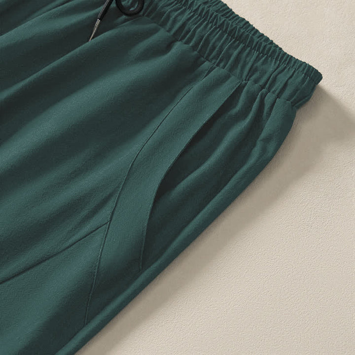 Buddha Stones Pantalones de hombre de algodón puro con estampado de flores de dragón doradas, cordón ajustable y corte cónico, con bolsillos. - image 4