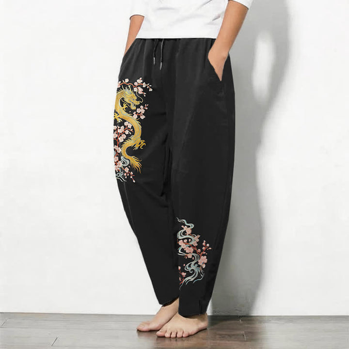 Buddha Stones Pantalones de hombre de algodón puro con estampado de flores de dragón doradas, cordón ajustable y corte cónico, con bolsillos. - image 8