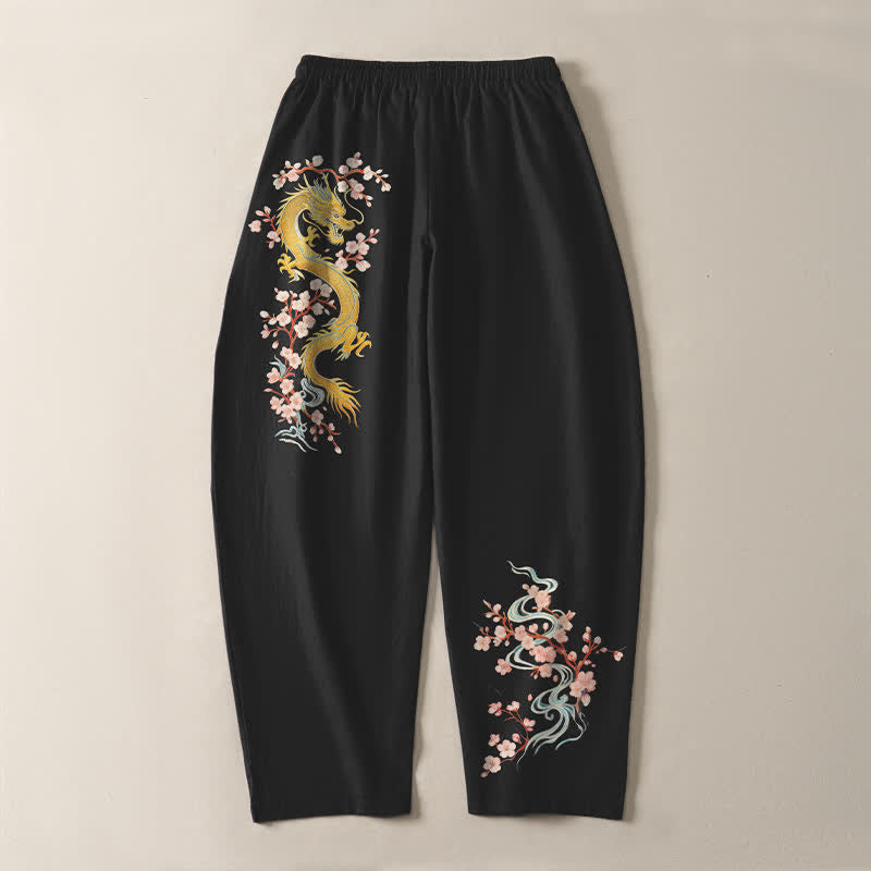 Buddha Stones Pantalones de hombre de algodón puro con estampado de flores de dragón doradas, cordón ajustable y corte cónico, con bolsillos. - image 10