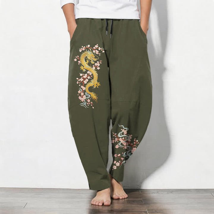 Buddha Stones Pantalones de hombre de algodón puro con estampado de flores de dragón doradas, cordón ajustable y corte cónico, con bolsillos. - Verde oliva oscuro - US/UK/AU50, EU60 (5XL) - image 11
