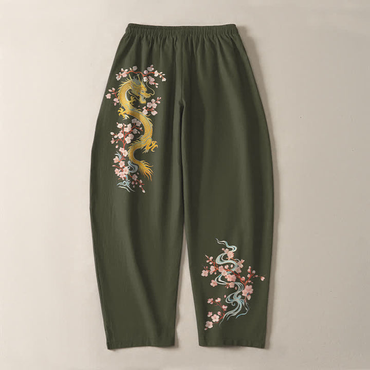 Buddha Stones Pantalones de hombre de algodón puro con estampado de flores de dragón doradas, cordón ajustable y corte cónico, con bolsillos. - image 14