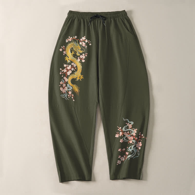 Buddha Stones Pantalones de hombre de algodón puro con estampado de flores de dragón doradas, cordón ajustable y corte cónico, con bolsillos. - image 13