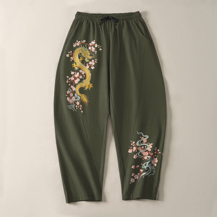Buddha Stones Pantalones de hombre de algodón puro con estampado de flores de dragón doradas, cordón ajustable y corte cónico, con bolsillos. - image 13
