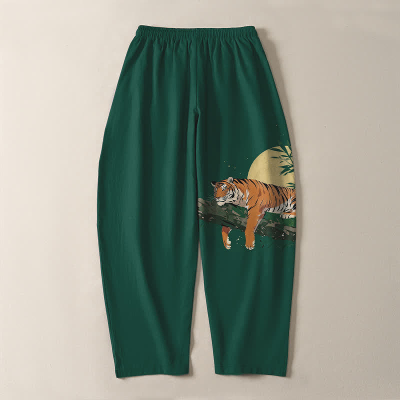 Buddha Stones Pantalones de hombre de algodón puro con estampado de tigre reclinado y luna, con cordón ajustable y corte ajustado, bolsillos. - image 10