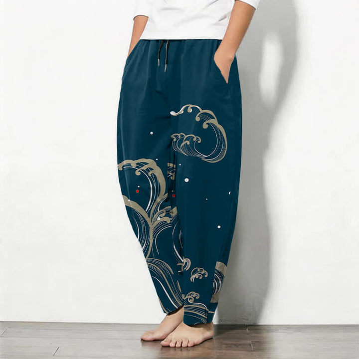 Buddha Stones Pantalones de hombre de algodón puro con estampado de olas marinas, cordón ajustable y corte cónico, con bolsillos. - image 1