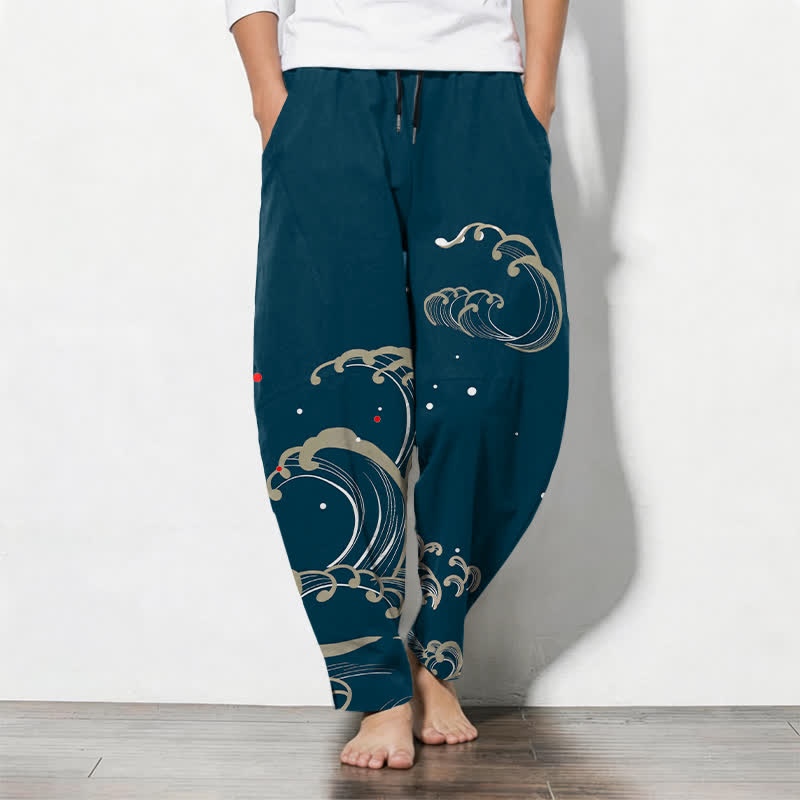 Buddha Stones Pantalones de hombre de algodón puro con estampado de olas marinas, cordón ajustable y corte cónico, con bolsillos. - Verde azulado - US/UK/AU50, EU60 (5XL) - image 0