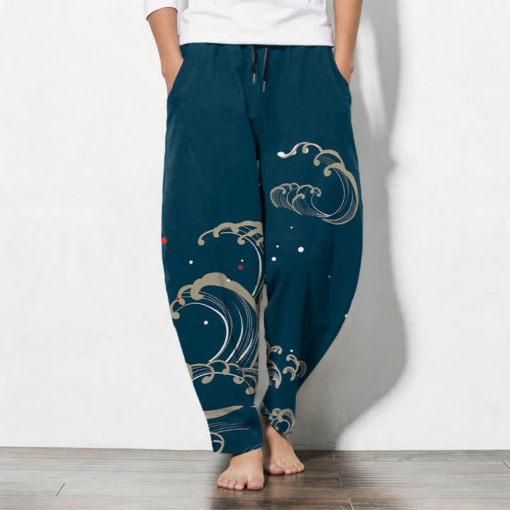 Buddha Stones Pantalones de hombre de algodón puro con estampado de olas marinas, cordón ajustable y corte cónico, con bolsillos. - Verde azulado - US/UK/AU50, EU60 (5XL) - image 0