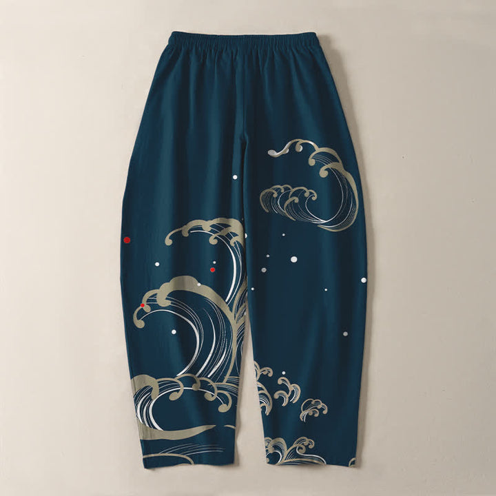 Buddha Stones Pantalones de hombre de algodón puro con estampado de olas marinas, cordón ajustable y corte cónico, con bolsillos. - image 3