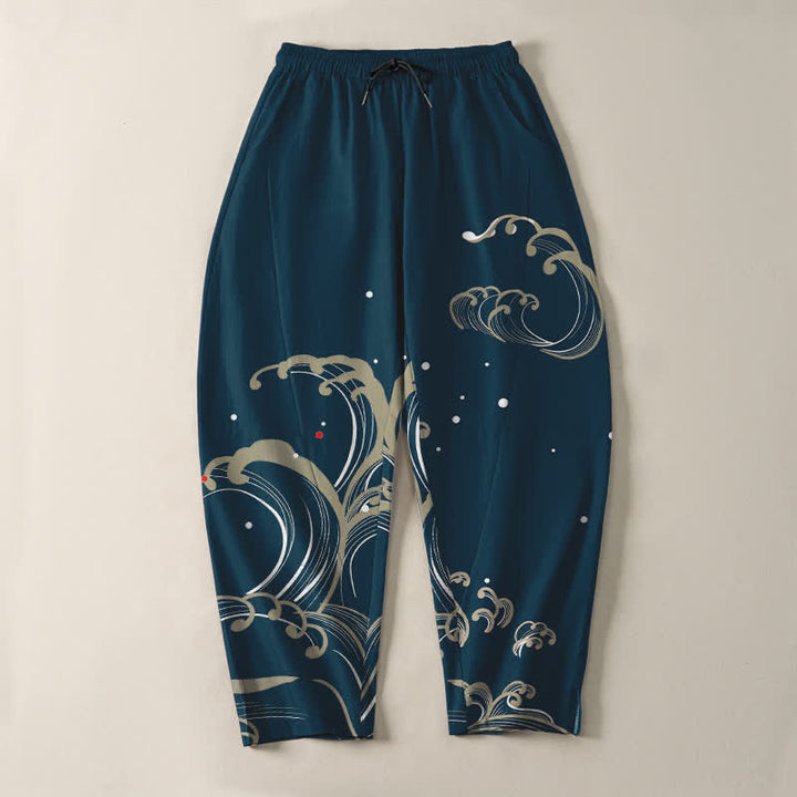 Buddha Stones Pantalones de hombre de algodón puro con estampado de olas marinas, cordón ajustable y corte cónico, con bolsillos. - image 2