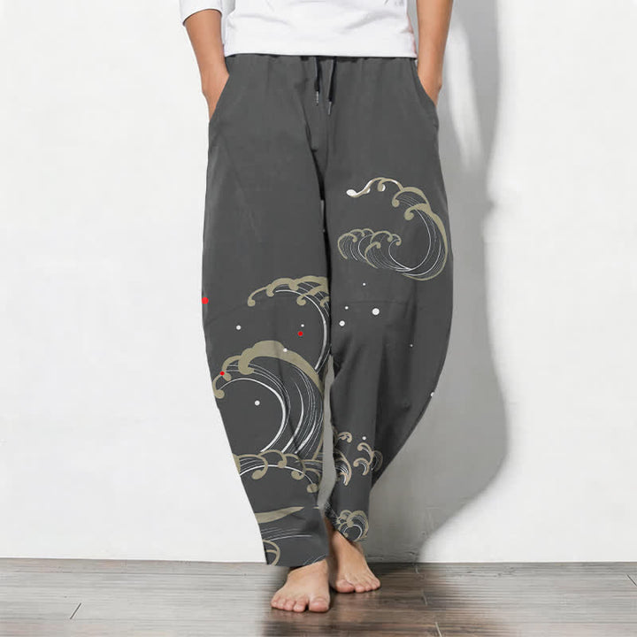 Buddha Stones Pantalones de hombre de algodón puro con estampado de olas marinas, cordón ajustable y corte cónico, con bolsillos. - Gris oscuro - US/UK/AU50, EU60 (5XL) - image 7