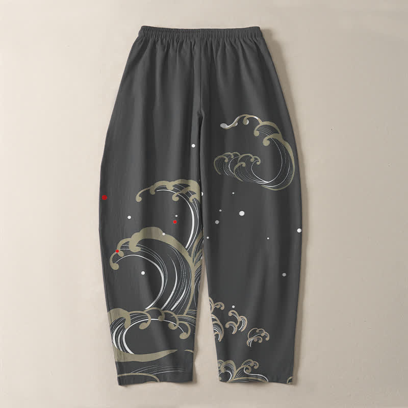 Buddha Stones Pantalones de hombre de algodón puro con estampado de olas marinas, cordón ajustable y corte cónico, con bolsillos. - image 10