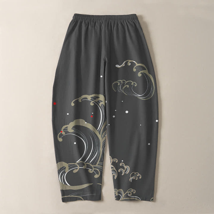 Buddha Stones Pantalones de hombre de algodón puro con estampado de olas marinas, cordón ajustable y corte cónico, con bolsillos. - image 10