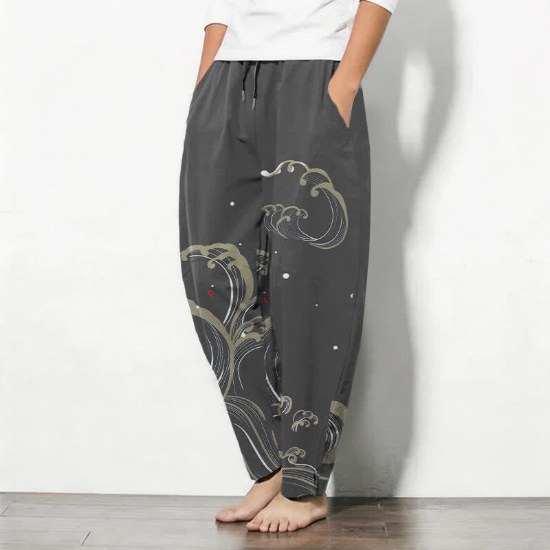 Buddha Stones Pantalones de hombre de algodón puro con estampado de olas marinas, cordón ajustable y corte cónico, con bolsillos. - image 8