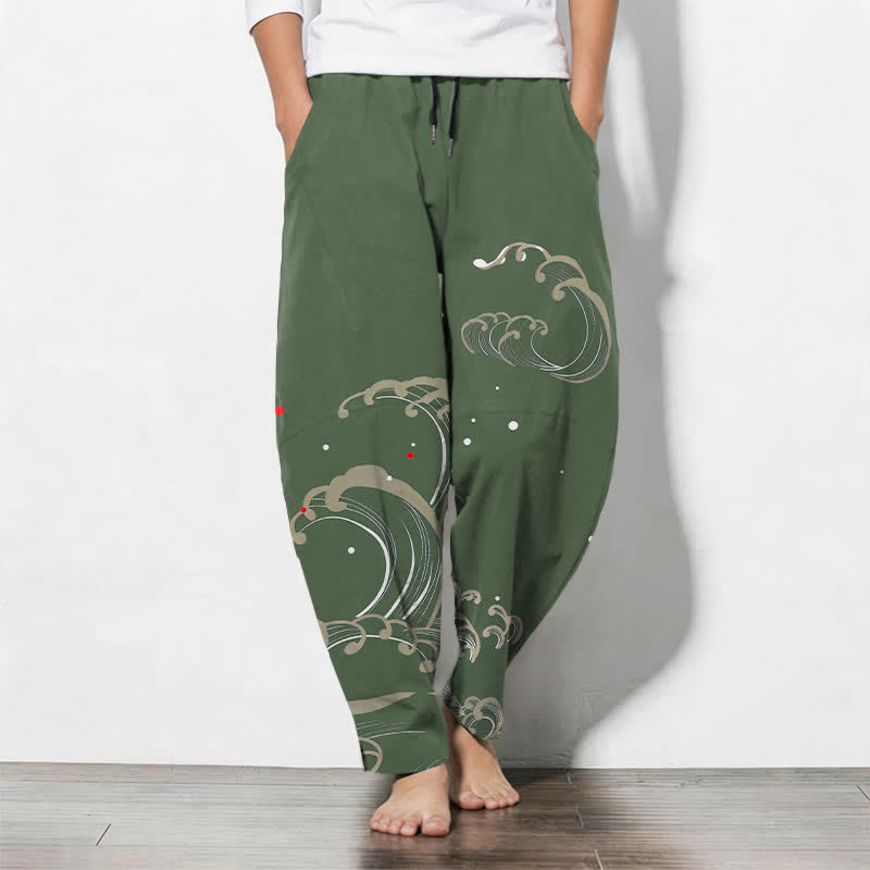 Buddha Stones Pantalones de hombre de algodón puro con estampado de olas marinas, cordón ajustable y corte cónico, con bolsillos. - Verde oliva oscuro - US/UK/AU50, EU60 (5XL) - image 11