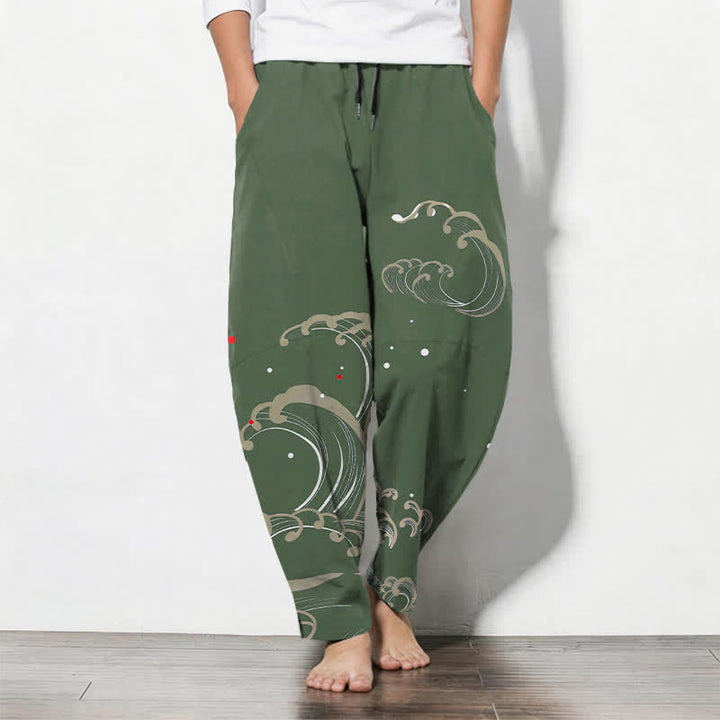 Buddha Stones Pantalones de hombre de algodón puro con estampado de olas marinas, cordón ajustable y corte cónico, con bolsillos. - Verde oliva oscuro - US/UK/AU50, EU60 (5XL) - image 11