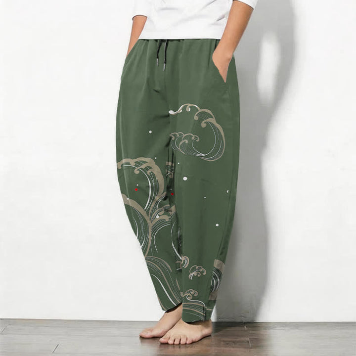 Buddha Stones Pantalones de hombre de algodón puro con estampado de olas marinas, cordón ajustable y corte cónico, con bolsillos. - image 12