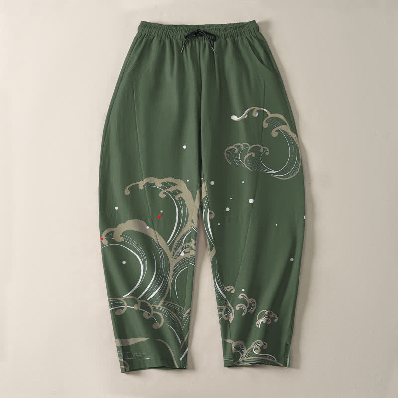 Buddha Stones Pantalones de hombre de algodón puro con estampado de olas marinas, cordón ajustable y corte cónico, con bolsillos. - image 13