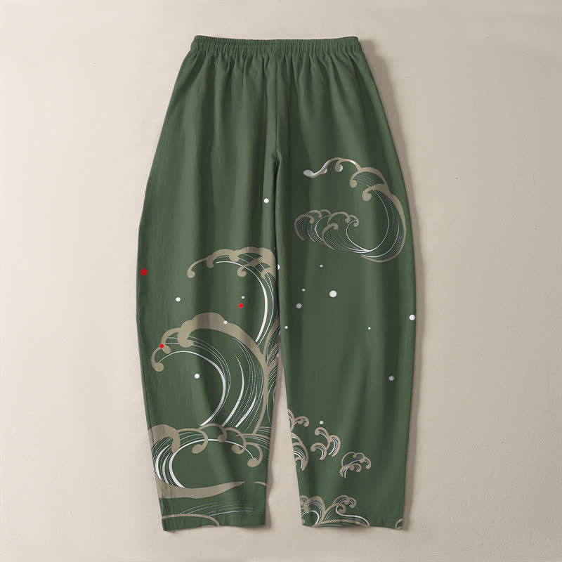Buddha Stones Pantalones de hombre de algodón puro con estampado de olas marinas, cordón ajustable y corte cónico, con bolsillos. - image 14