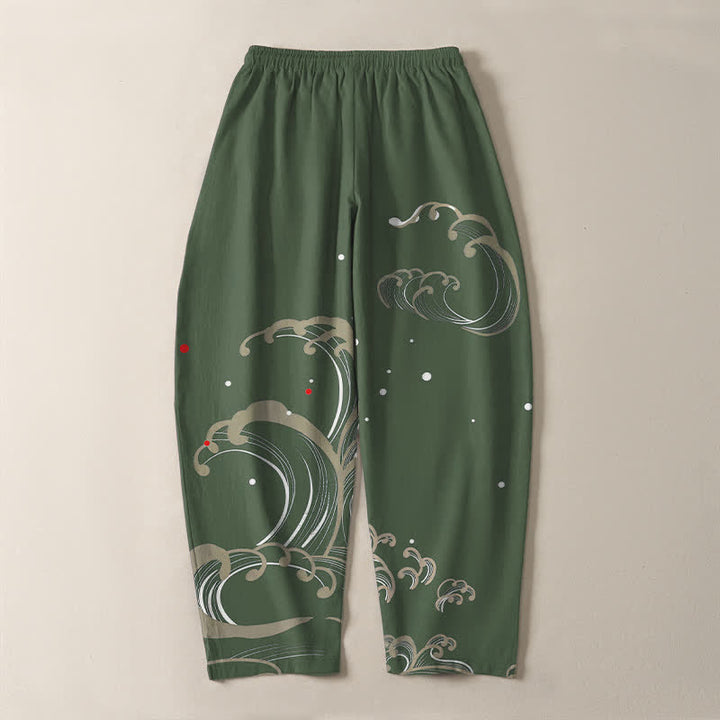 Buddha Stones Pantalones de hombre de algodón puro con estampado de olas marinas, cordón ajustable y corte cónico, con bolsillos. - image 14