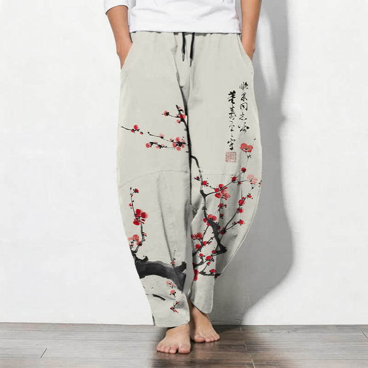 Buddha Stones Pantalones de hombre de algodón puro con estampado de flores de ciruelo y cordón ajustable, corte cónico y bolsillos. - Beige - US/UK/AU50, EU60 (5XL) - image 0