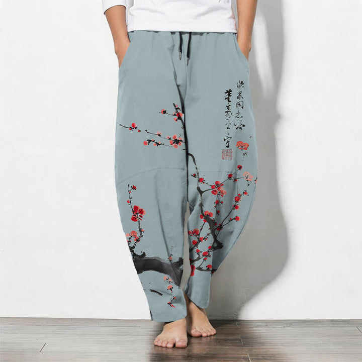 Buddha Stones Pantalones de hombre de algodón puro con estampado de flores de ciruelo y cordón ajustable, corte cónico y bolsillos. - Azul acero claro - US/UK/AU50, EU60 (5XL) - image 7
