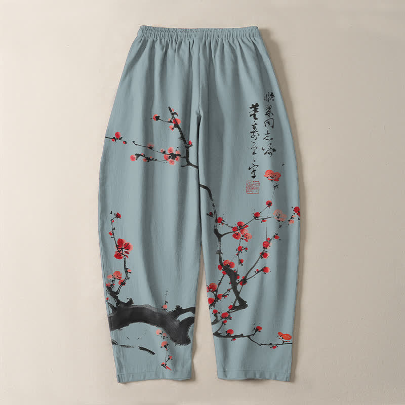 Buddha Stones Pantalones de hombre de algodón puro con estampado de flores de ciruelo y cordón ajustable, corte cónico y bolsillos. - image 10