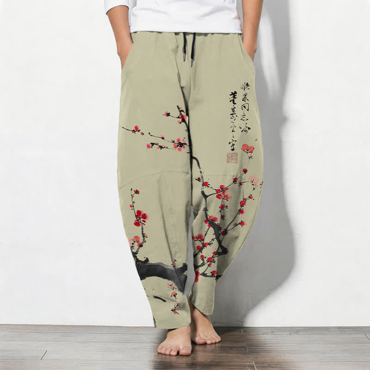 Buddha Stones Pantalones de hombre de algodón puro con estampado de flores de ciruelo y cordón ajustable, corte cónico y bolsillos. - Caqui oscuro - US/UK/AU50, EU60 (5XL) - image 11