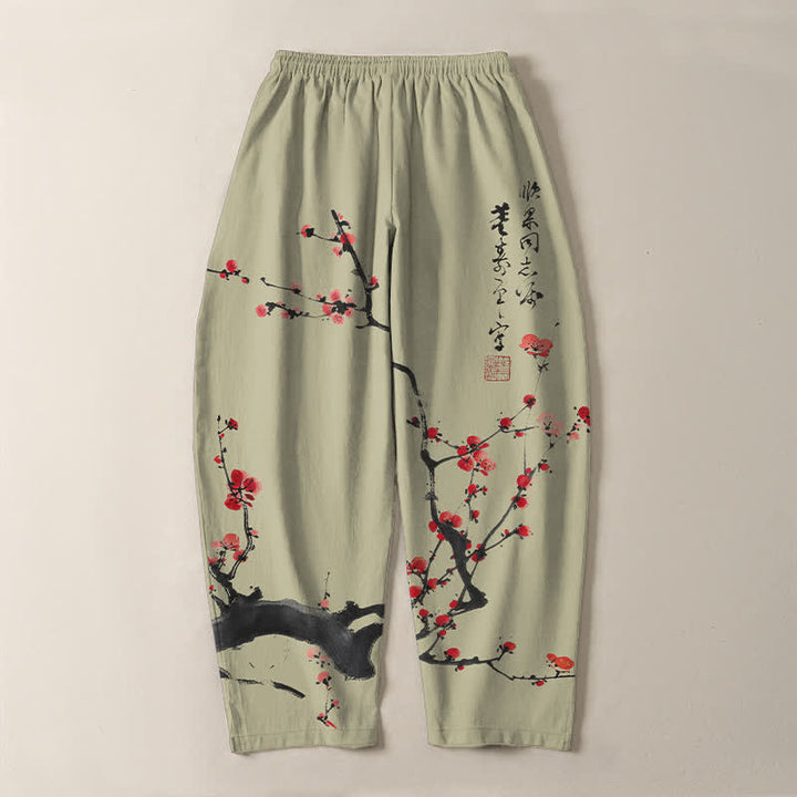 Buddha Stones Pantalones de hombre de algodón puro con estampado de flores de ciruelo y cordón ajustable, corte cónico y bolsillos. - image 14