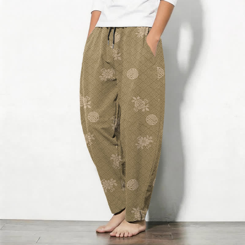 Buddha Stones Pantalones de hombre de algodón puro con estampado floral tipo medallón, cordón ajustable y corte cónico, con bolsillos. - image 1