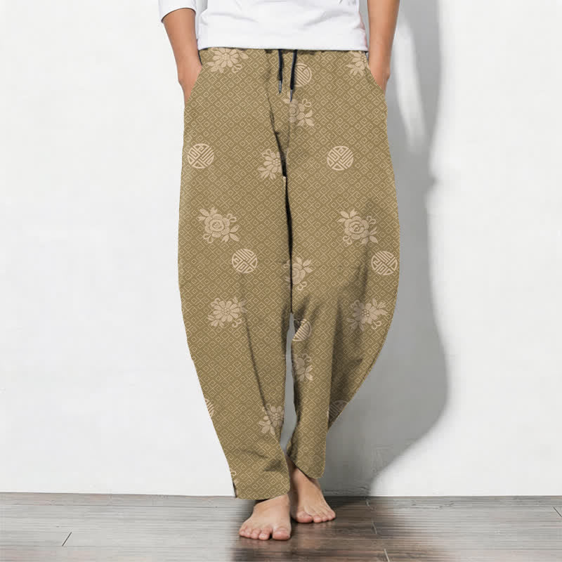 Buddha Stones Pantalones de hombre de algodón puro con estampado floral tipo medallón, cordón ajustable y corte cónico, con bolsillos. - Broncearse - US/UK/AU50, EU60 (5XL) - image 0
