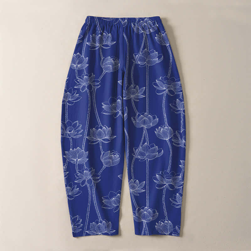 Buddha Stones Pantalones de hombre de algodón puro con estampado de loto blanco y cordón ajustable, corte cónico y bolsillos. - image 3
