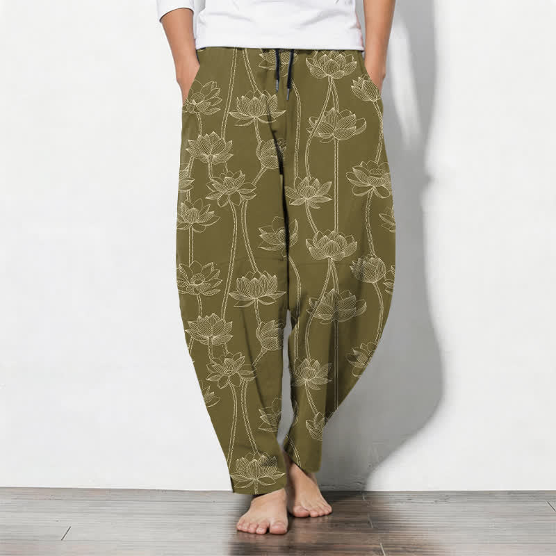 Buddha Stones Pantalones de hombre de algodón puro con estampado de loto blanco y cordón ajustable, corte cónico y bolsillos. - Aceituna - US/UK/AU50, EU60 (5XL) - image 7