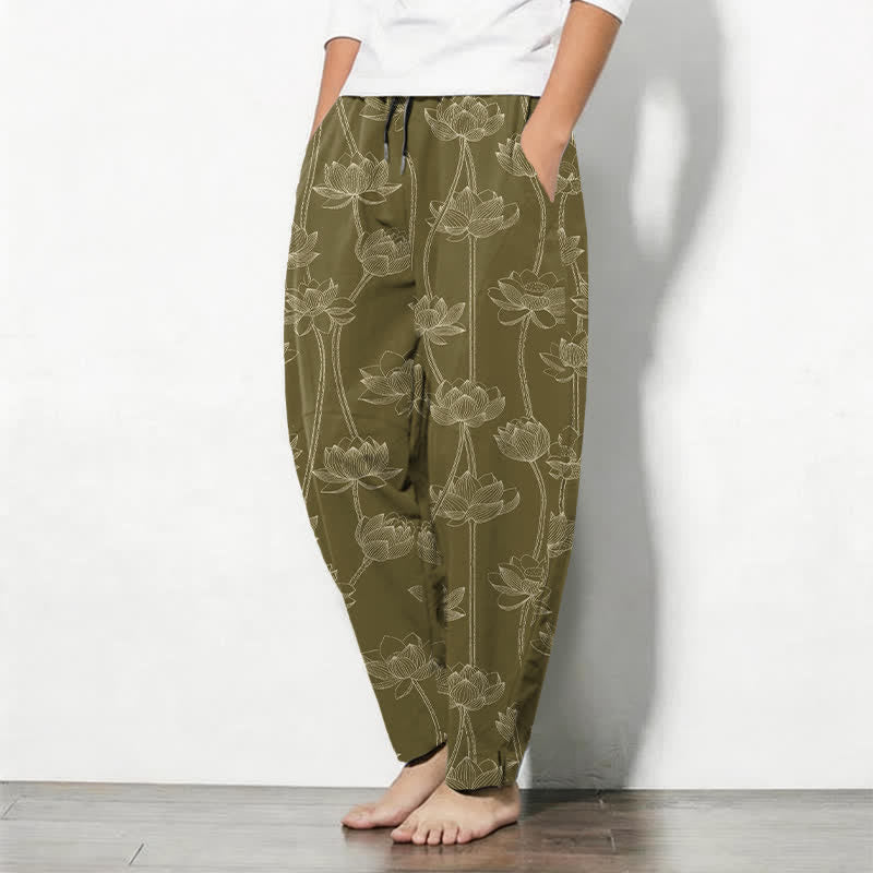 Buddha Stones Pantalones de hombre de algodón puro con estampado de loto blanco y cordón ajustable, corte cónico y bolsillos. - image 8