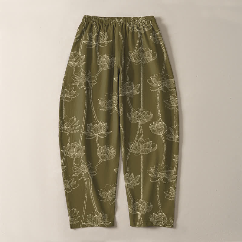 Buddha Stones Pantalones de hombre de algodón puro con estampado de loto blanco y cordón ajustable, corte cónico y bolsillos. - image 10
