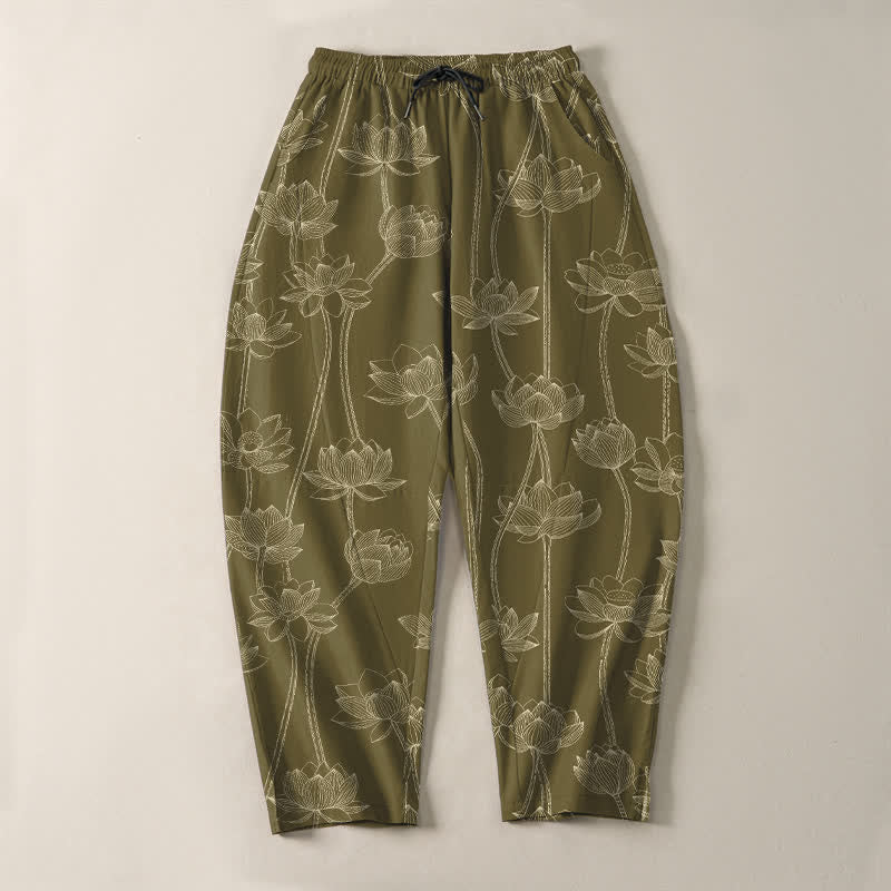 Buddha Stones Pantalones de hombre de algodón puro con estampado de loto blanco y cordón ajustable, corte cónico y bolsillos. - image 9