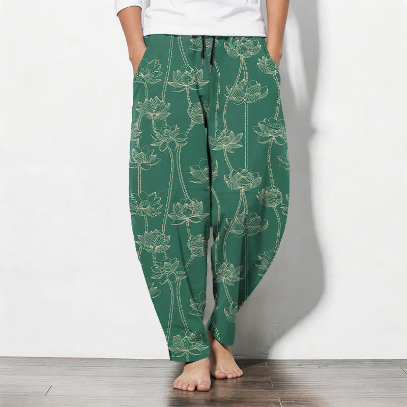 Buddha Stones Pantalones de hombre de algodón puro con estampado de loto blanco y cordón ajustable, corte cónico y bolsillos. - Verdemar - US/UK/AU50, EU60 (5XL) - image 11